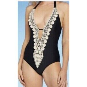 NWOT Massino Women's Black White Crochet Trim Plunge Lined 1 Piece Swimsuit L